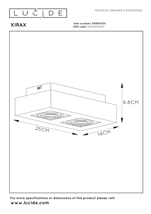 Lucide XIRAX - Spot plafond - LED Dim to warm - GU10 - 2x5W 2200K/3000K - Blanc - technique